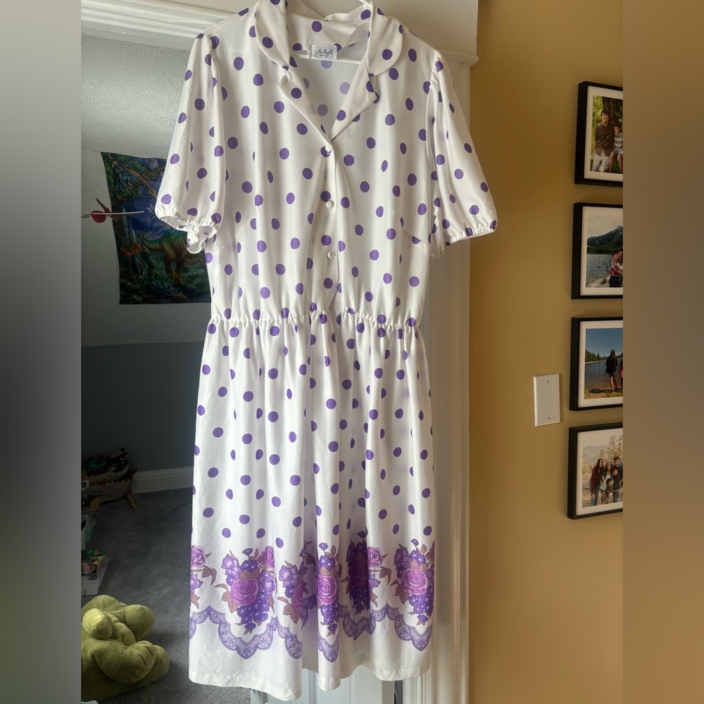 Vintage HHR Polka Dot Dress | Purple Floral Border | Made in USA | Short Sleeve
